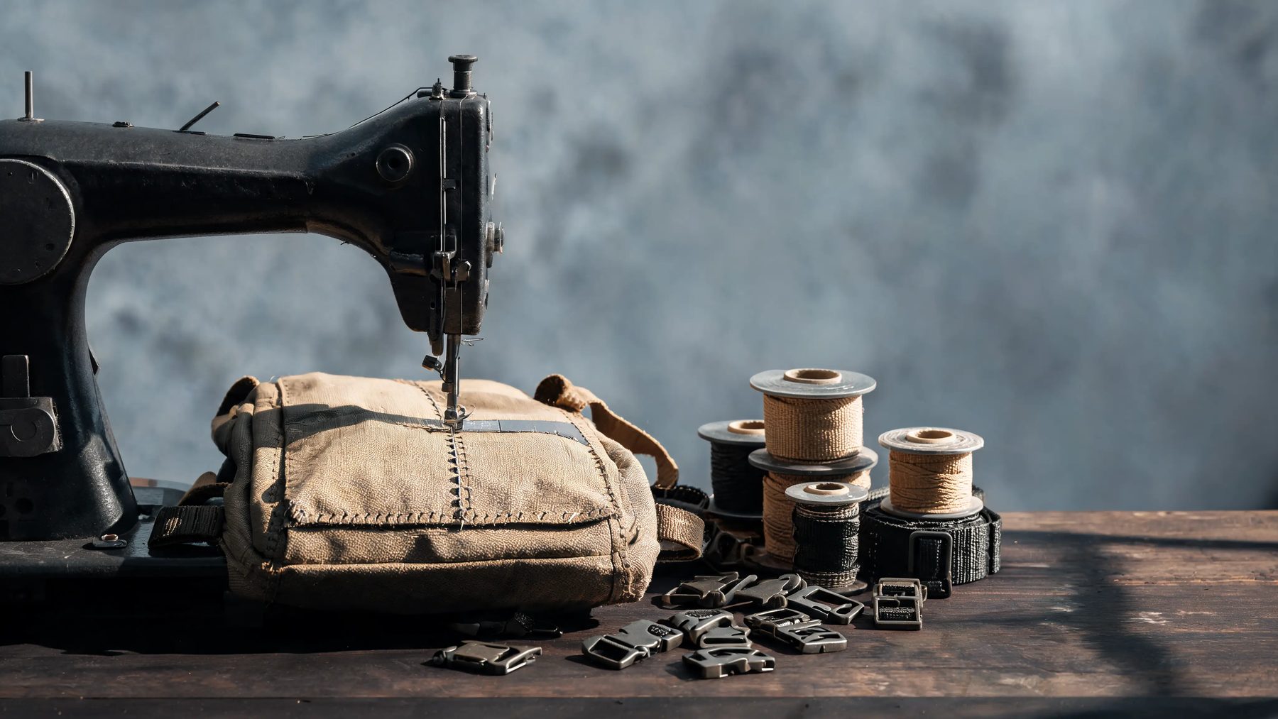Workshop table with a half-stitched pack panel, webbing spools and buckles